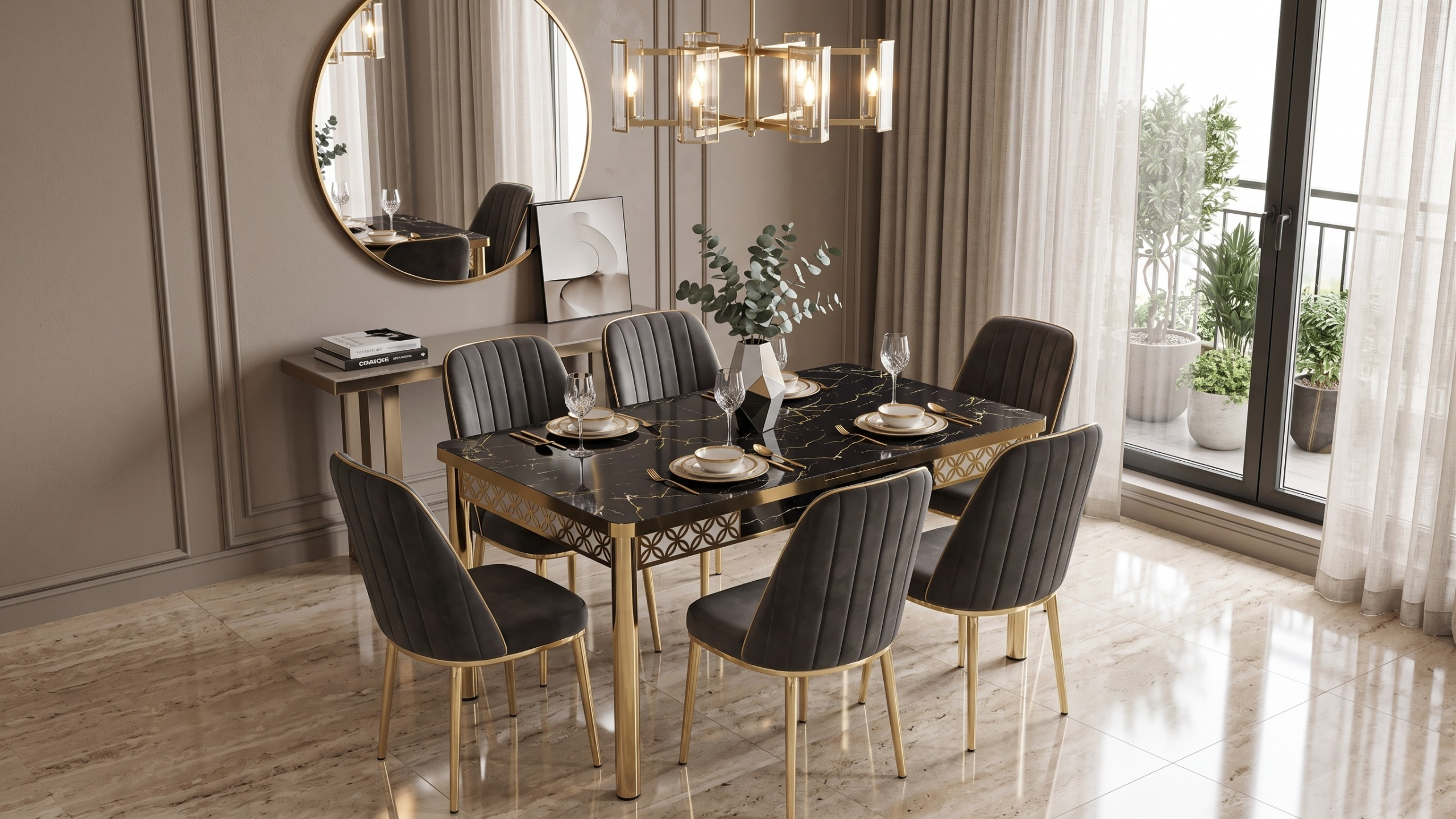 Black & Gold Dining Table with 6 Chairs