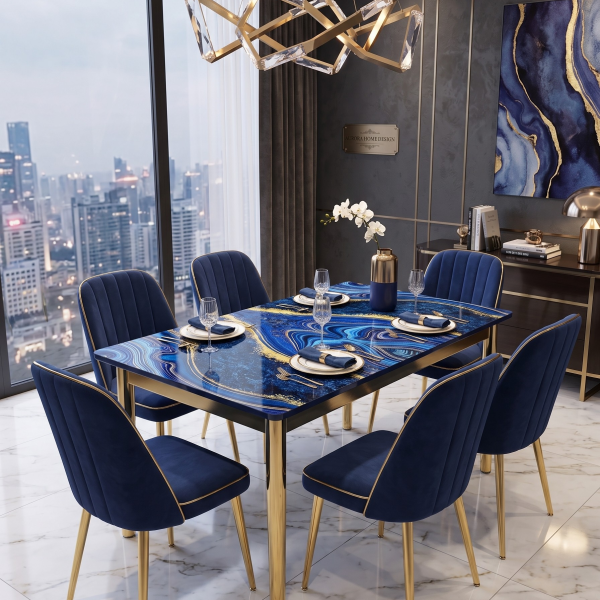 Blue & Gold Dining Table with 6 Chairs