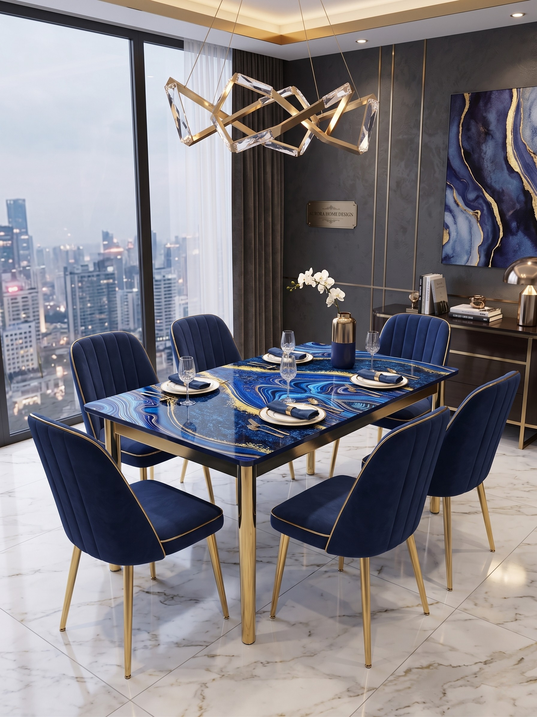 Blue & Gold Dining Table with 6 Chairs