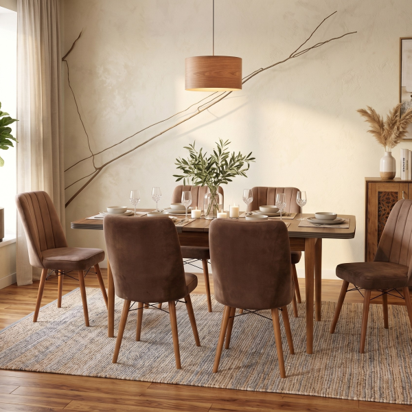 Hamilton Extendable Wooden Dining Table with 6 Brown Fabric Chairs