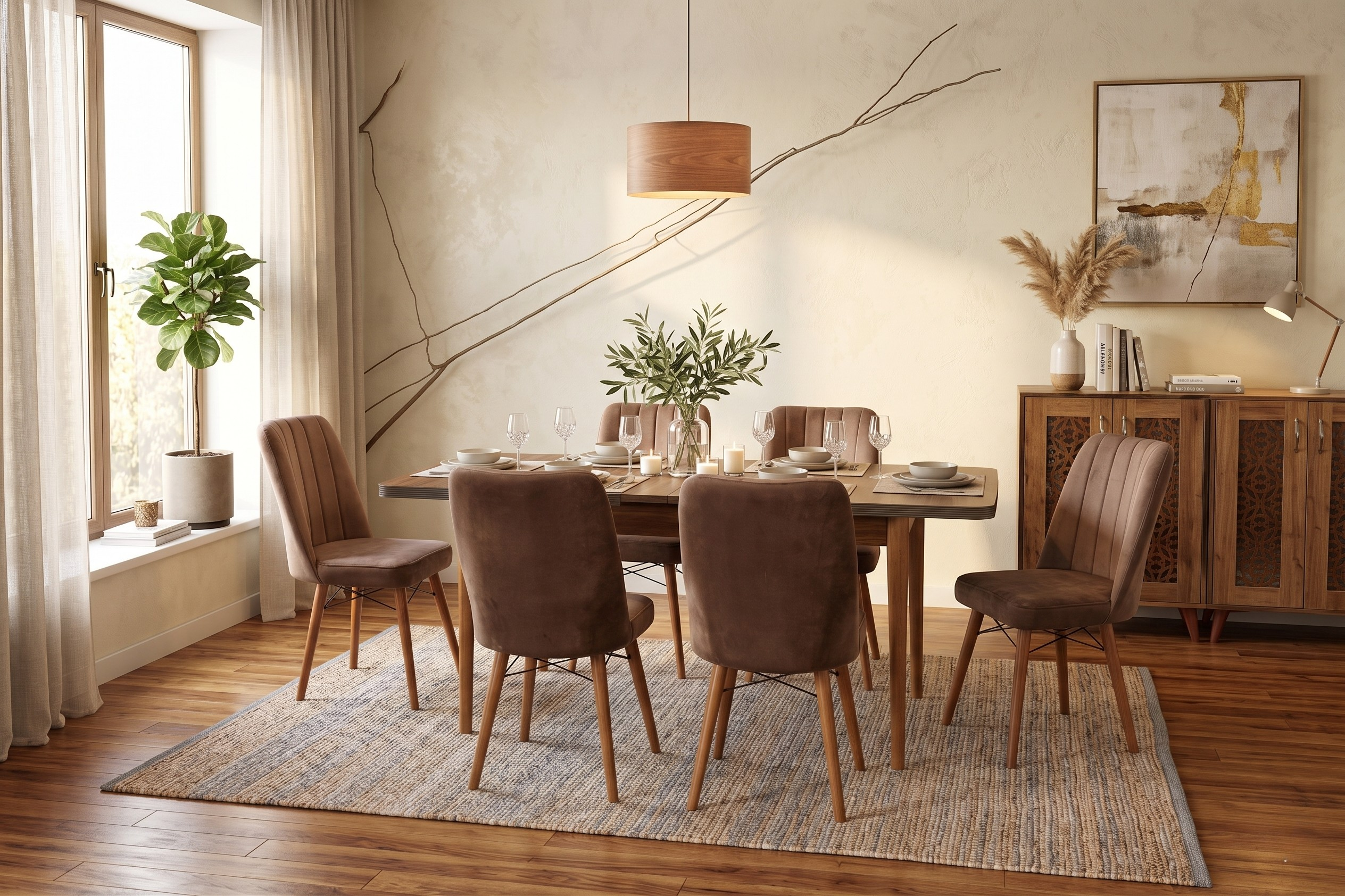Hamilton Extendable Wooden Dining Table with 6 Brown Fabric Chairs