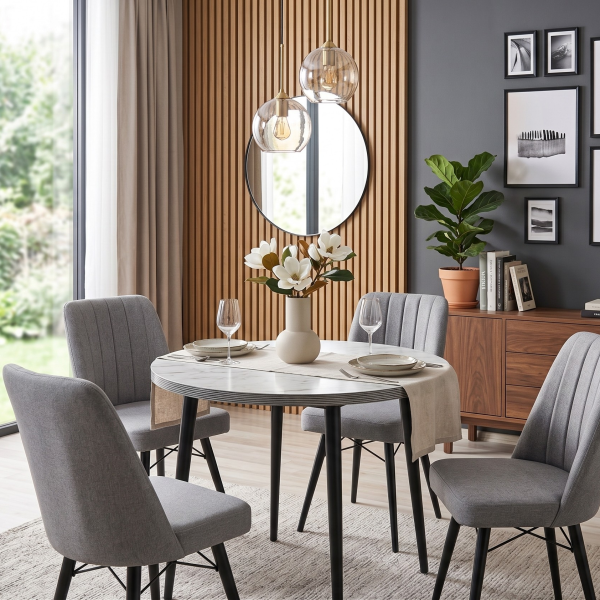 Lagina Round Wooden Dining Table with 4 Grey Fabric Chairs