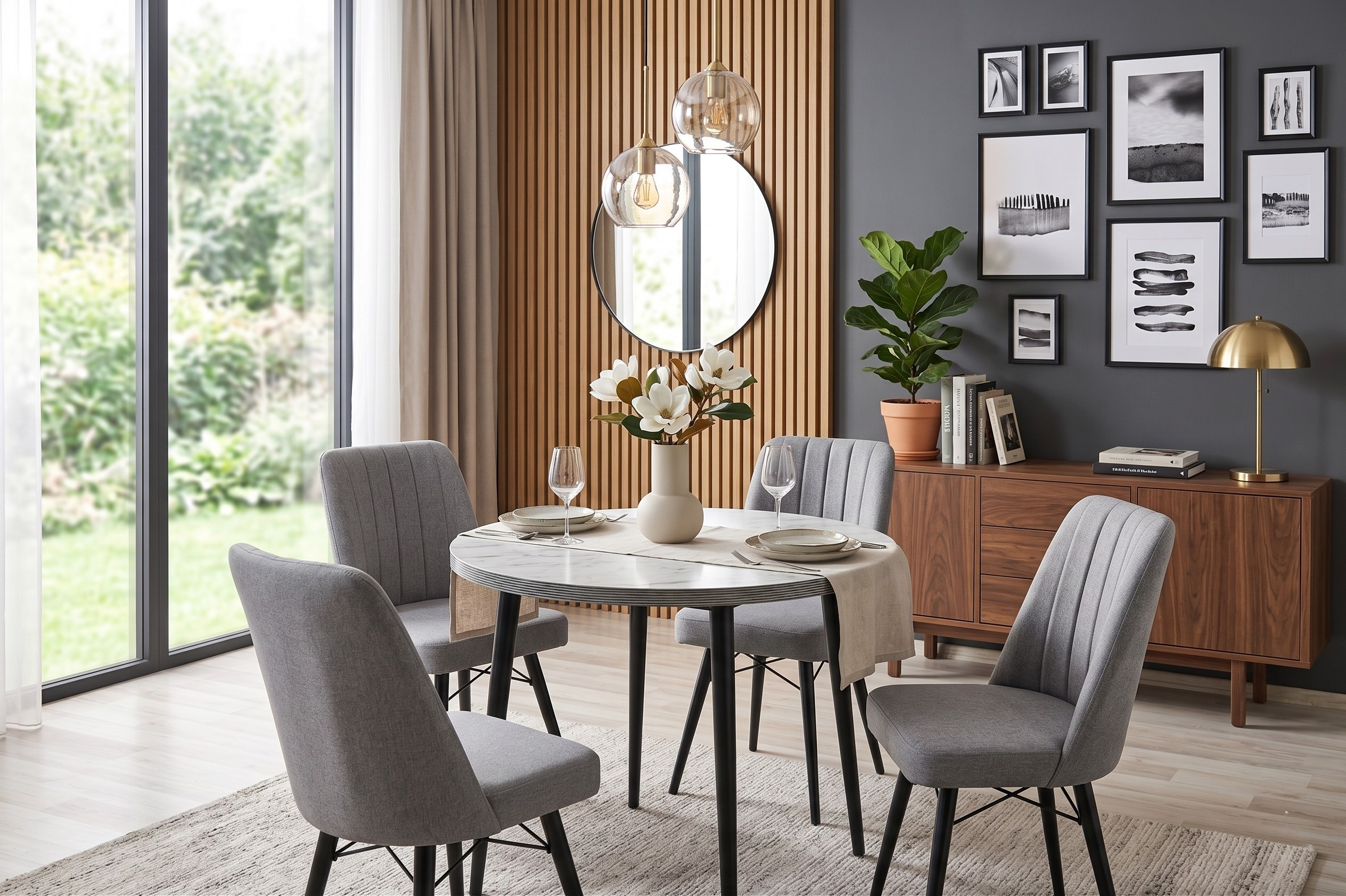 Lagina Round Wooden Dining Table with 4 Grey Fabric Chairs