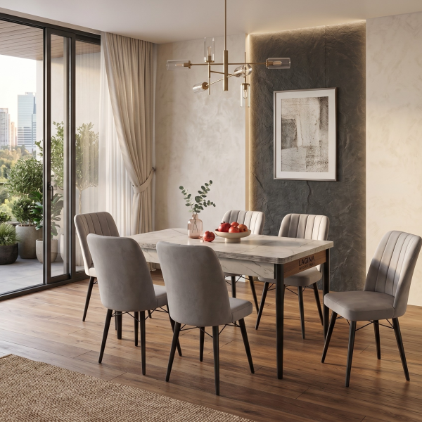 Lagina Extendable Wooden Dining Table with 6 Grey Fabric Chairs