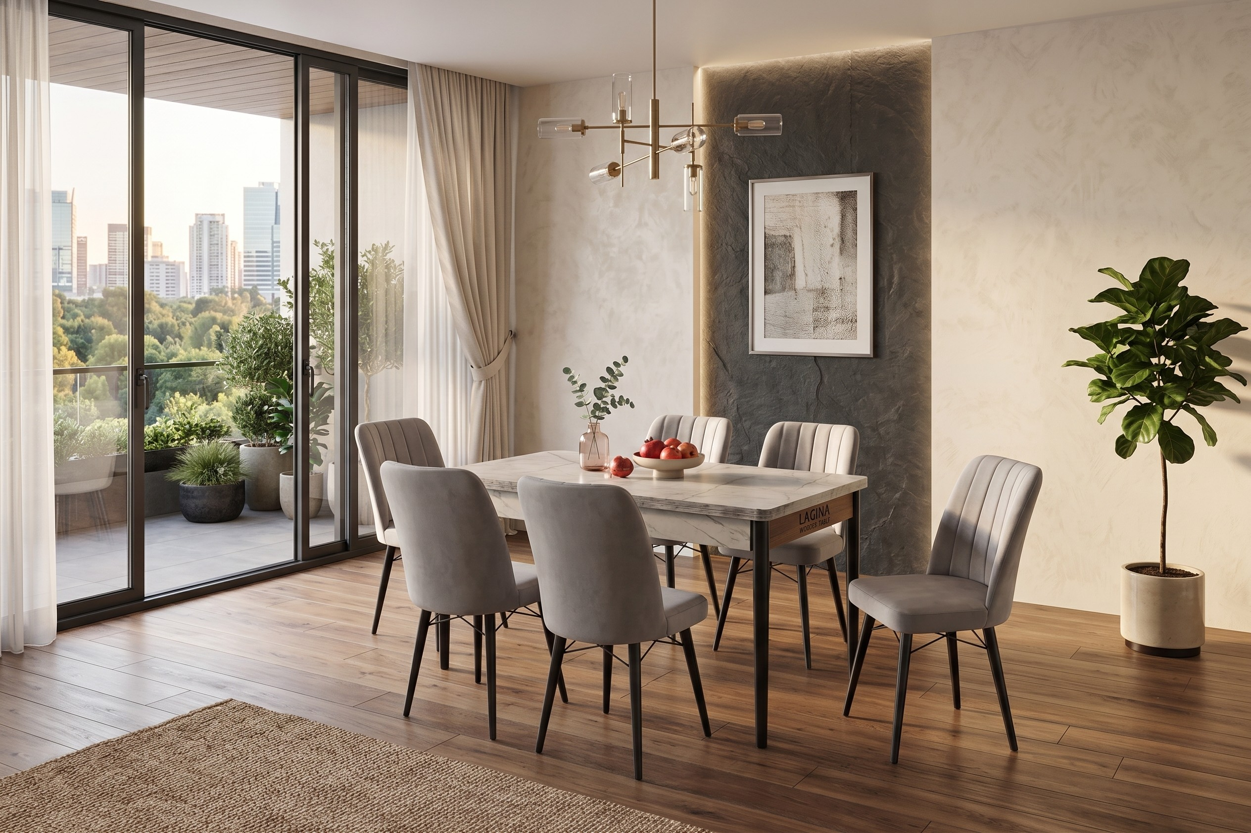 Lagina Extendable Wooden Dining Table with 6 Grey Fabric Chairs
