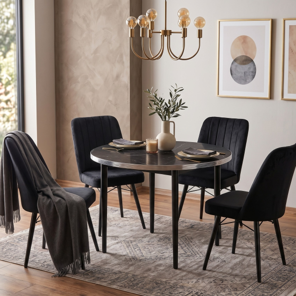 Royal Marble Round Wooden Dining Table with 4 Black Fabric Chairs