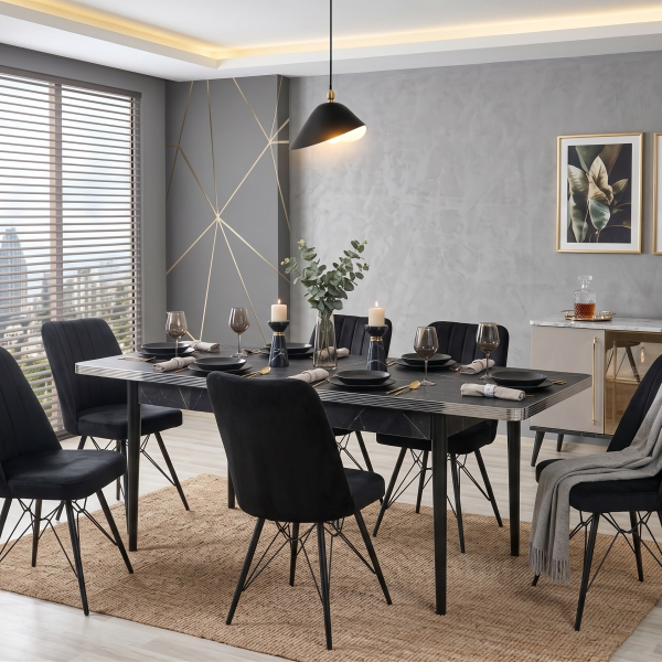 Royal Marble Wooden Extendable Dining Table with 6 Black Fabric Chairs