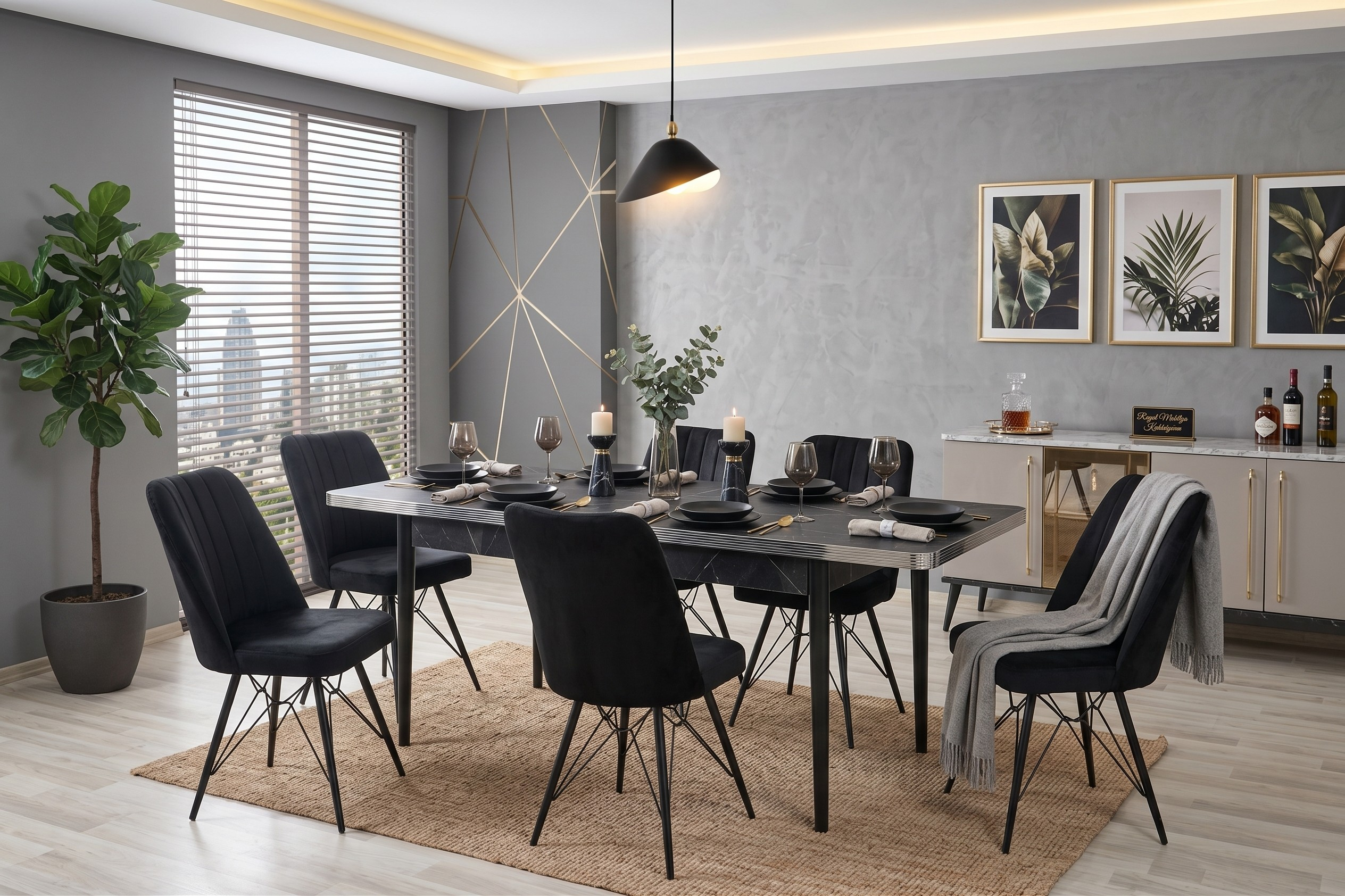 Royal Marble Wooden Extendable Dining Table with 6 Black Fabric Chairs